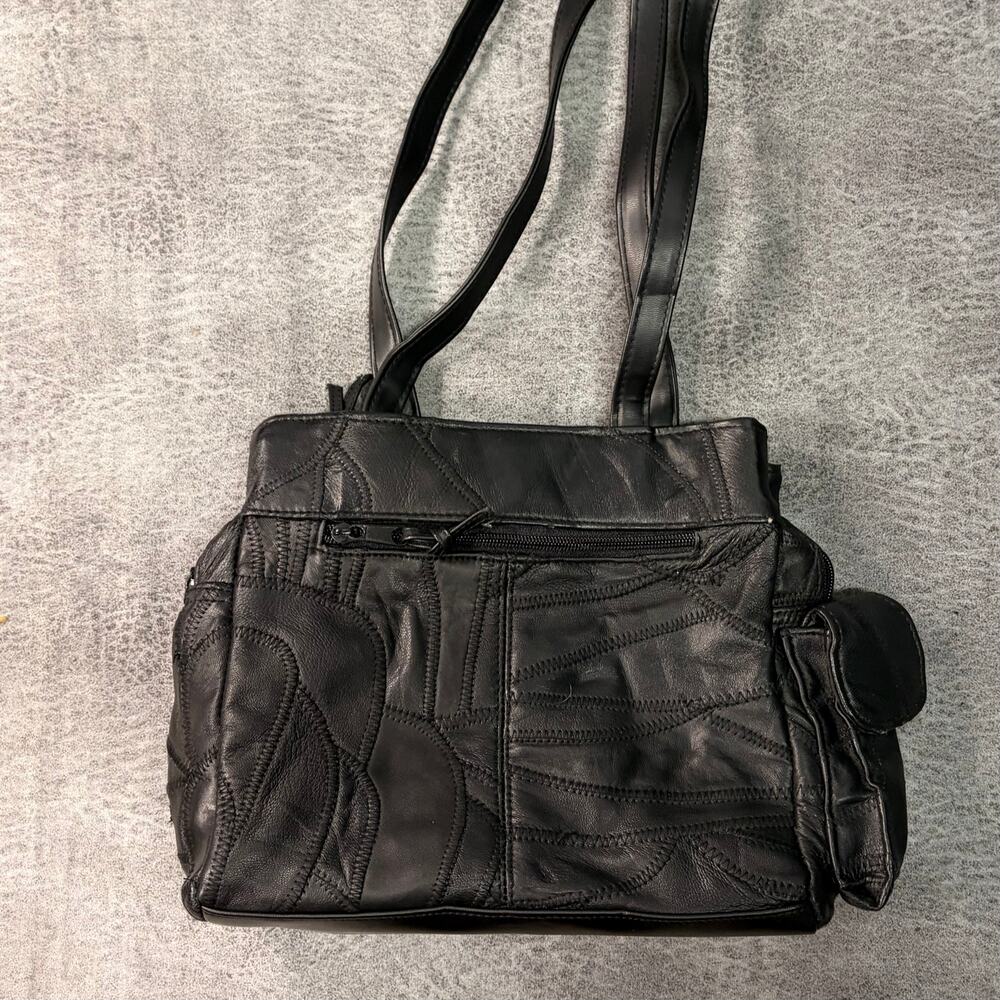 Black Patchwork Embroidered Leather Shoulder Bag - image 1